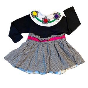 Vintage 1980s Black and White Houndstooth Floral Bib Dress